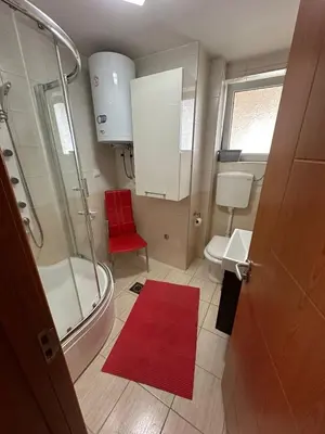 a bathroom with a shower and a red rug at EDEM Apartment in Vrnjačka Banja