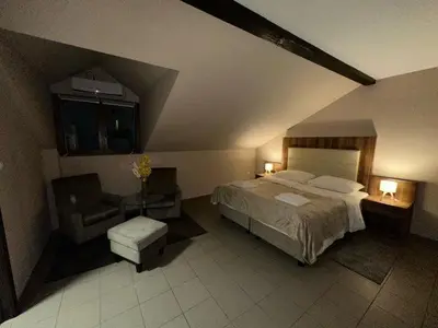 a bedroom with a large bed and a chair at JP Motel Mali Pariz in Bor