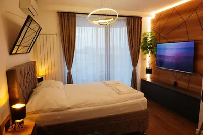 a bedroom with a bed with a large window and a television at The Daily Nest in Niš