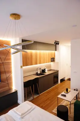 a kitchen with a counter and a table in a room at The Daily Nest in Niš