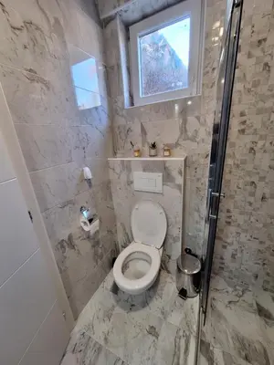 a small bathroom with a toilet and a window at Apartman MILOVANOVIĆ in Vrnjačka Banja