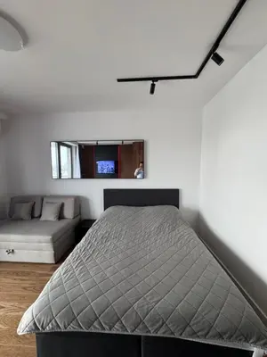 a bedroom with a bed and a couch at Delta Planet Apartman in Niš