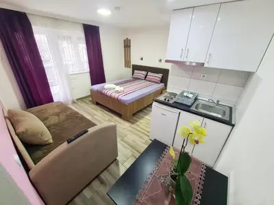 a small kitchen and living room with a couch and a table at Vila Aleksandra 2 studio 4 in Soko Banja