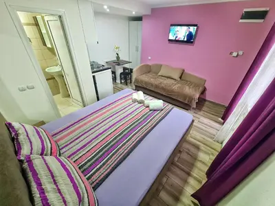 a living room with purple walls and a couch at Vila Aleksandra 2 studio 4 in Soko Banja
