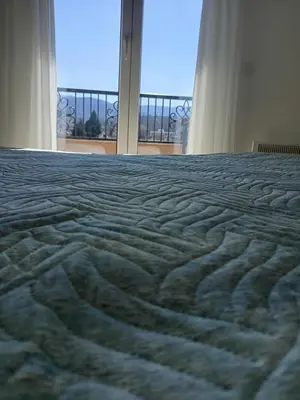 a bed in a room with a large window at Ramonda apartman sa bazenom, Vrnjačka Banja in Vrnjačka Banja
