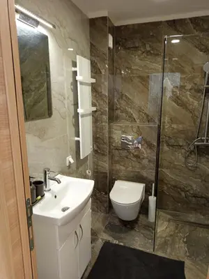 a bathroom with a toilet and a sink and a shower at Ramonda apartman sa bazenom, Vrnjačka Banja in Vrnjačka Banja