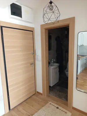 a bathroom with a wooden door and a sink at Ramonda apartman sa bazenom, Vrnjačka Banja in Vrnjačka Banja