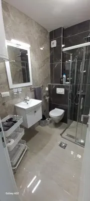 a bathroom with a sink and a toilet and a shower at Apartman 018 in Soko Banja