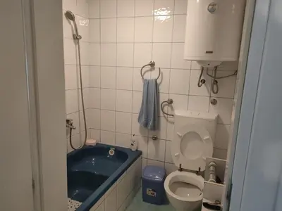 a bathroom with a toilet and a bath tub at Miris Proleća in Rekovac