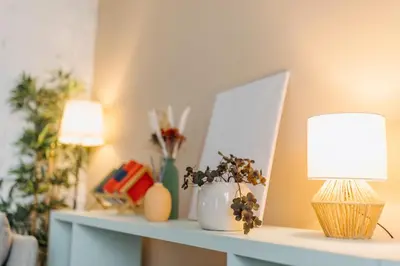 a shelf with a lamp and a plant on it at Studio49apartments Quiet in Niš Free Private Parking Fast WiFi in Niš