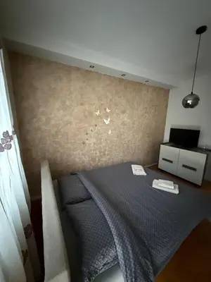 a bedroom with a bed and a wall at Elena apartman in Vranje
