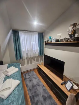 a small bedroom with a fireplace and a bed at Nest 316 Bela Reka Kopaonik in Brzeće
