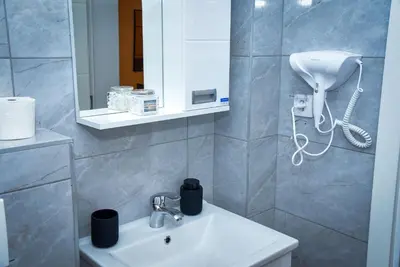 a bathroom with a sink and a hair dryer at Sunčani Horizonti in Soko Banja