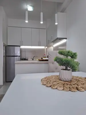 a white kitchen with a bonsai tree on a table at Apartman Kamelia in Jagodina