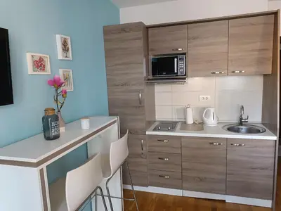 a small kitchen with a sink and a microwave at Central Park in Niš