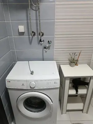 a laundry room with a washing machine and a table at Central Park in Niš