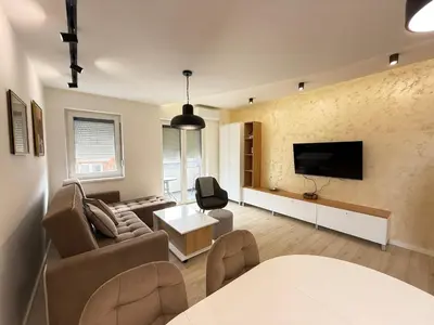 a living room with a couch and a tv at Cvetkovic apartman in Soko Banja