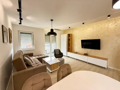 a living room with a couch and a tv at Cvetkovic apartman in Soko Banja