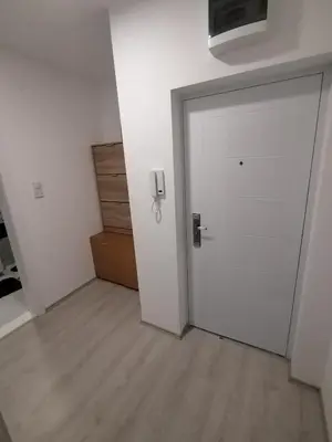 an empty room with a white door and a wooden floor at Apartman Una in Soko Banja