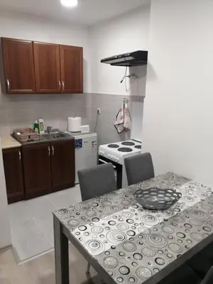 a kitchen with a table and a stove top oven at Apartman Una in Soko Banja