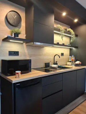 a kitchen with a sink and a clock on the wall at President kop APP Katarina II free wellnes&spa in Kopaonik