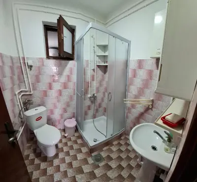 a bathroom with a shower and a toilet and a sink at Vila Petrov in Lukavica