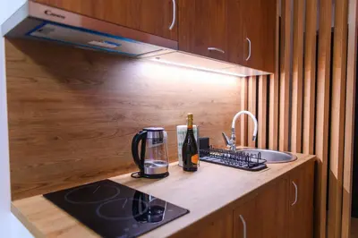 a kitchen counter with a sink and a bottle of wine at BOŽUR apartmani, kod hotela Sunce in Soko Banja