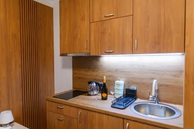 a kitchen counter with a sink and wooden cabinets at BOŽUR apartmani, kod hotela Sunce in Soko Banja