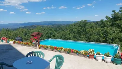a swimming pool with plants and a table and chairs at Jagoda In in Otroci