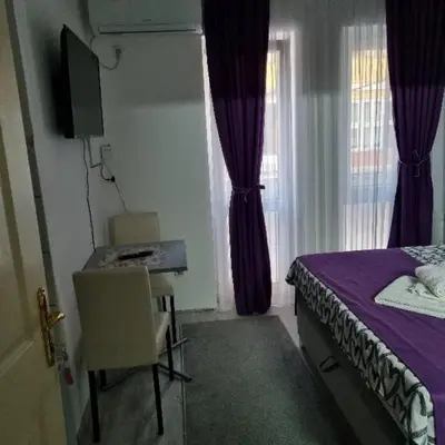 a bedroom with a bed and a desk with a computer at Studio Sestica vila Lenka2 in Vrnjačka Banja