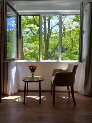 a room with a table and a chair and a window at Apartman Jež in Kuršumlija