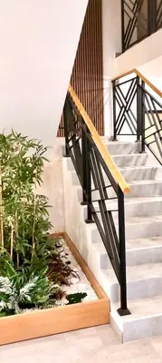 a staircase with black railings and plants at Apartman Lena in Vrnjačka Banja