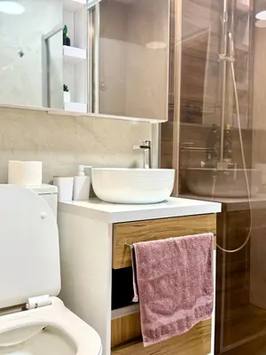 a bathroom with a white toilet and a sink at Maribelle Apartments in Kruševac