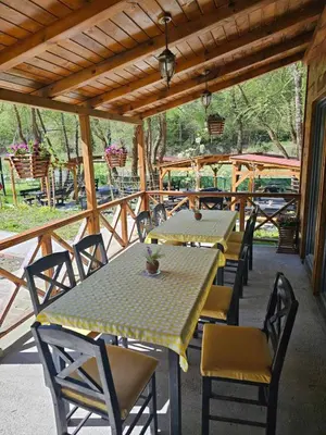 a group of tables and chairs on a patio at Prenociste Vranjska banja in Vranjska Banja