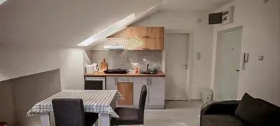 a small kitchen with a table in a room at Studio Dumitrašković in Soko Banja