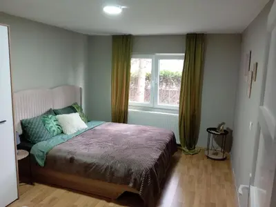 a bedroom with a bed and a window at Zen apartman in Zaječar