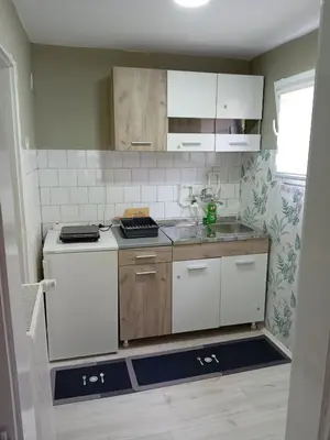 a small kitchen with white cabinets and a stove at Zen apartman in Zaječar