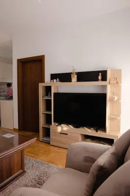 a living room with a large flat screen tv at Lux 010 in Pirot