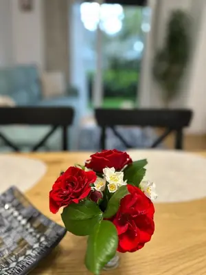 a vase filled with red flowers on a table at Apartman Vuk in Vrnjačka Banja