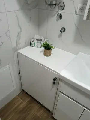 a white cabinet with a plant on it in a bathroom at Apartman Sofija in Vrnjačka Banja