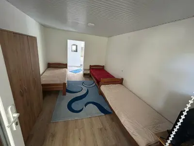a room with two beds and a blue carpet at Sobe Miloš Dimić in Sijarinska Banja