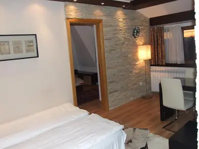 a bedroom with a bed and a desk and a chair at Apartment 204 in Kopaonik