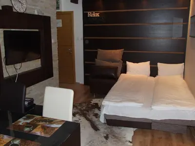 a bedroom with a bed and a table and a tv at Apartment 204 in Kopaonik