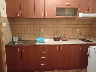 a kitchen with wooden cabinets and a sink at Appartement Kopaonik in Raška