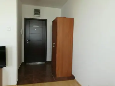 a hallway with a black door and a wooden cabinet at Appartement Kopaonik in Raška