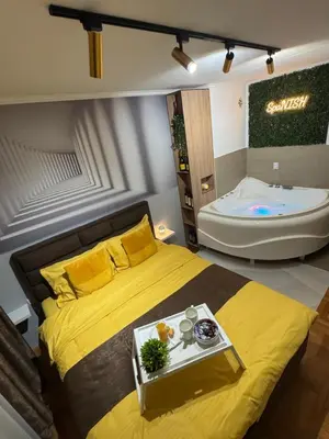 a bedroom with a large bed and a tub at SpaNish apartman 4 in Niš