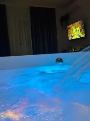 a swimming pool with blue water in a room at SpaNish apartman 4 in Niš