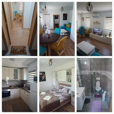 a collage of four pictures of a kitchen and a room at Apartman Kety Sokobanja in Soko Banja