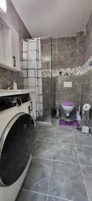a bathroom with a shower and a sink and a toilet at Apartman Kety Sokobanja in Soko Banja