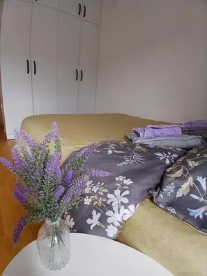 a vase with purple flowers on a table with a blanket at Apartman TRIP in Soko Banja